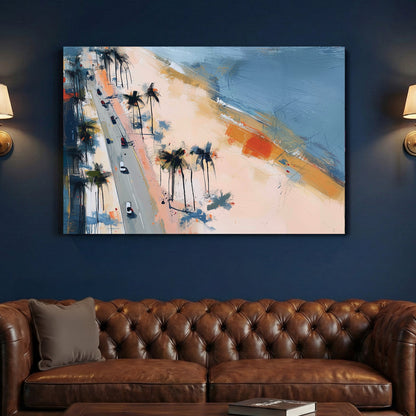 Beachfront palm trees contemporary wall art with coastal colours