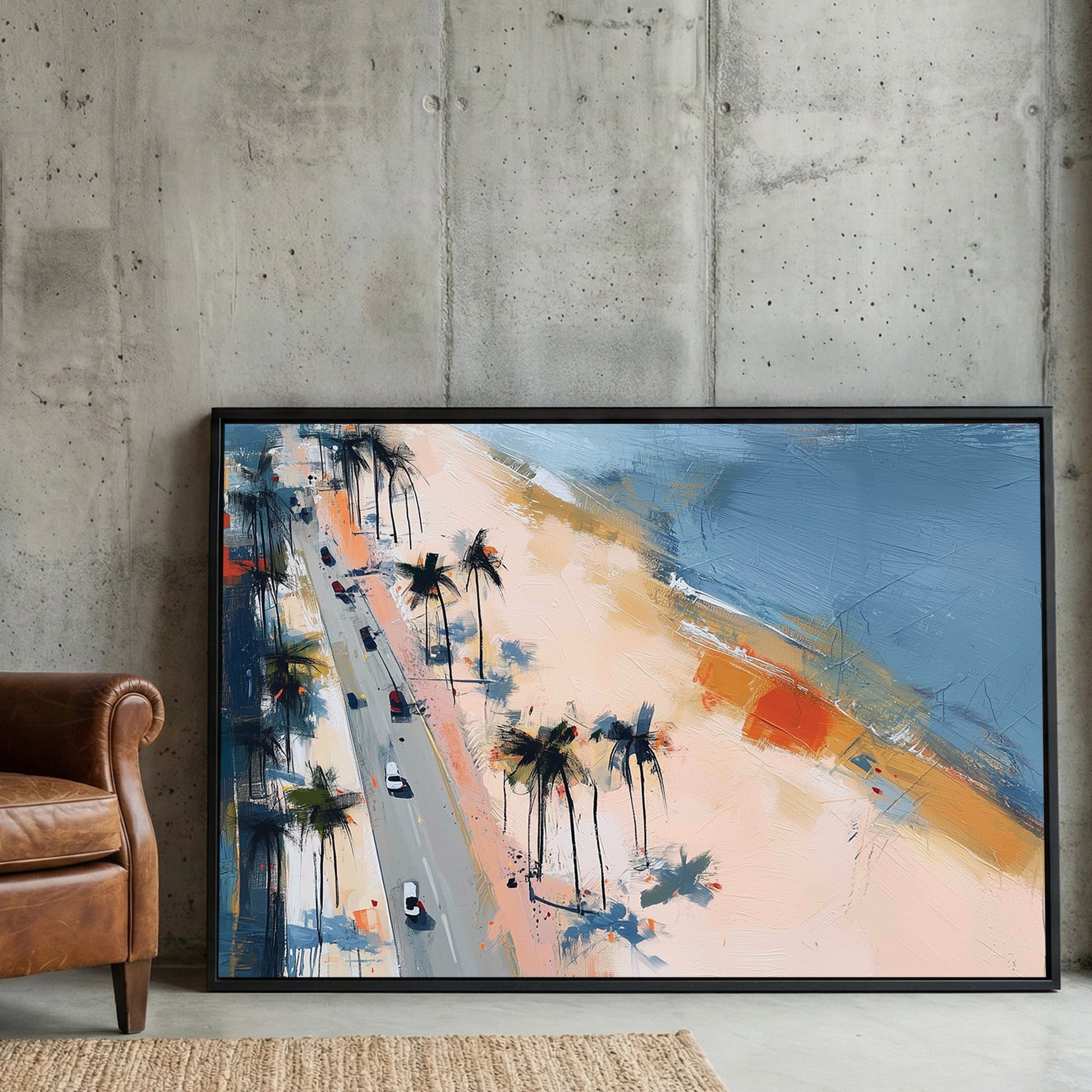 Beachfront palm trees contemporary wall art with coastal colours