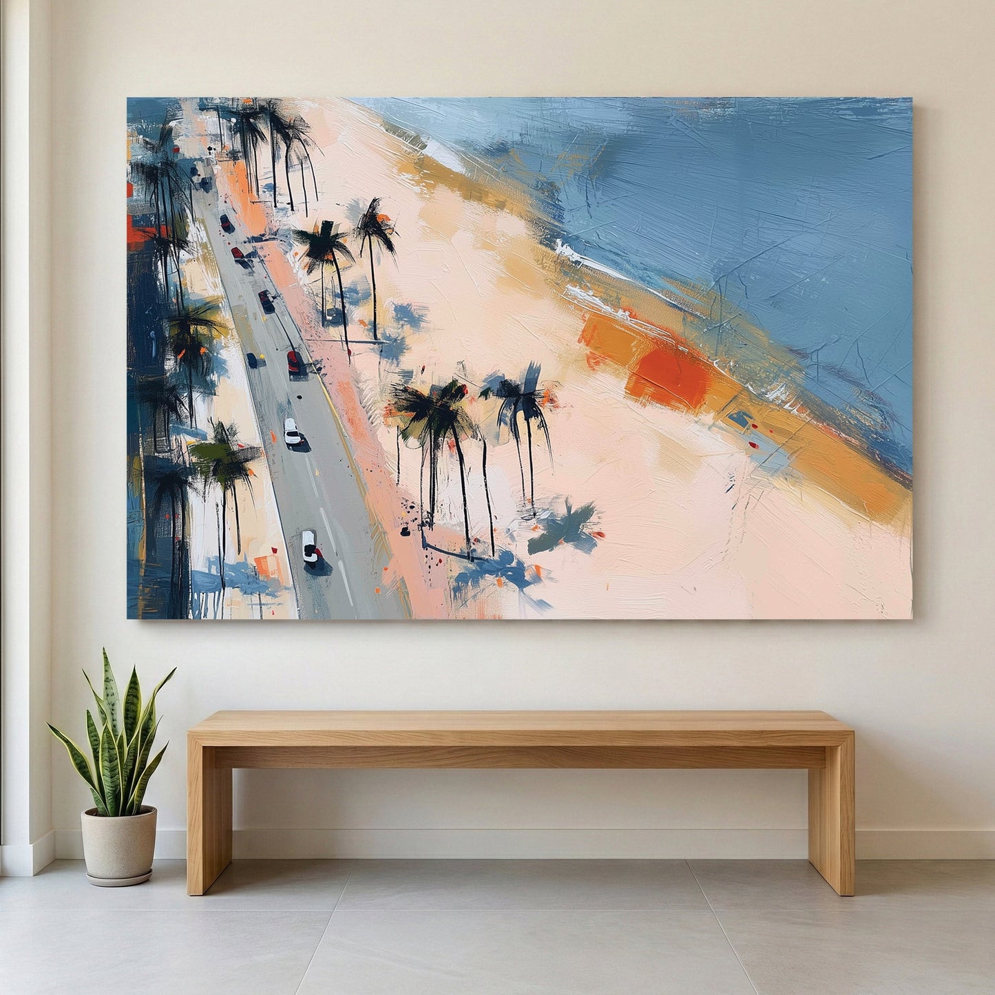 Beachfront palm trees contemporary wall art with coastal colours