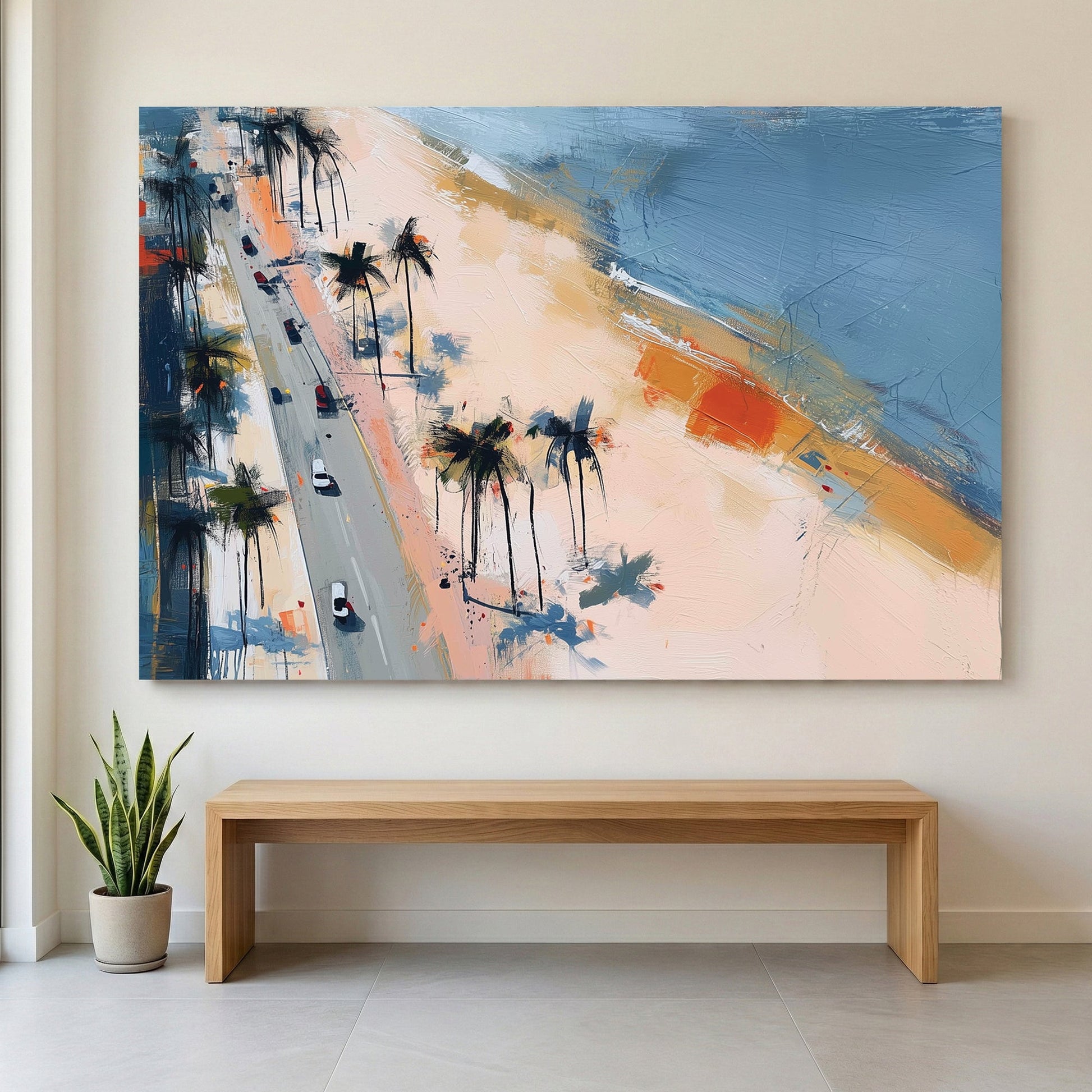 Beachfront palm trees contemporary wall art with coastal colours