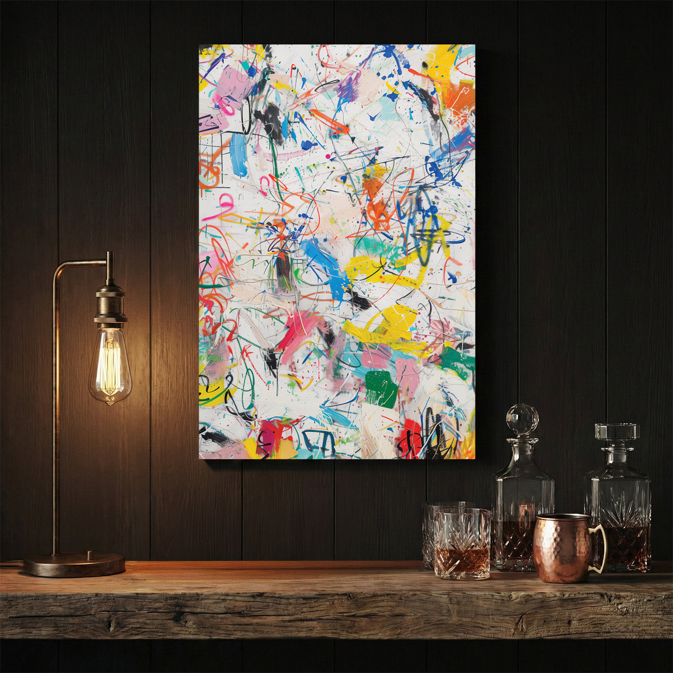 Abstract splatter contemporary wall art with vibrant colours and playful marks