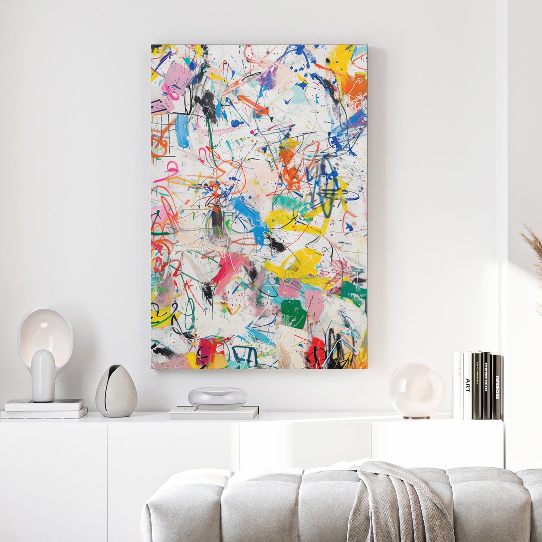 Abstract splatter contemporary wall art with vibrant colours and playful marks