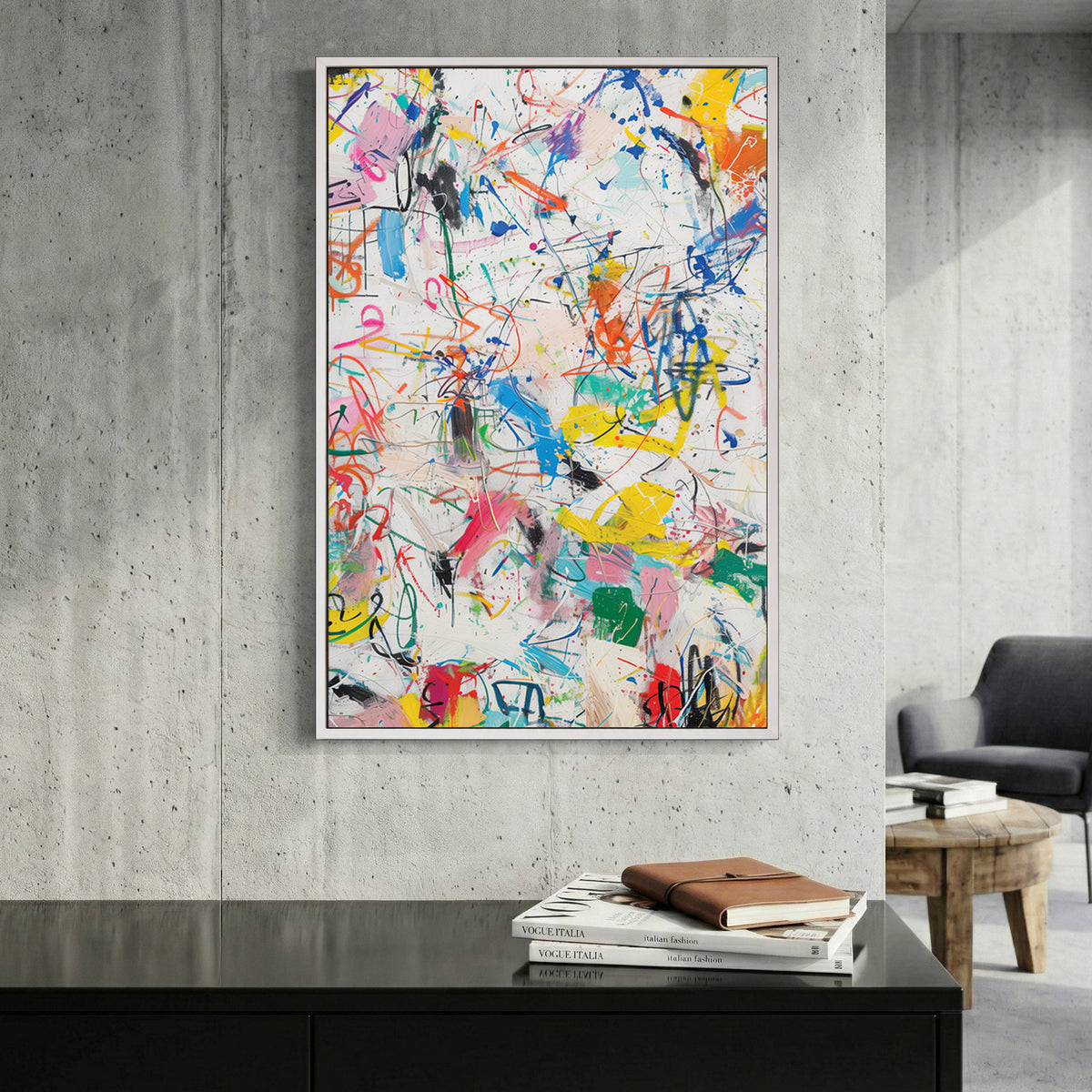 Abstract splatter contemporary wall art with vibrant colours and playful marks