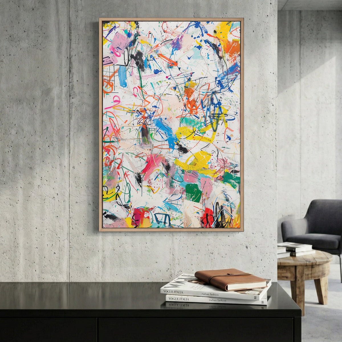 Abstract splatter contemporary wall art with vibrant colours and playful marks