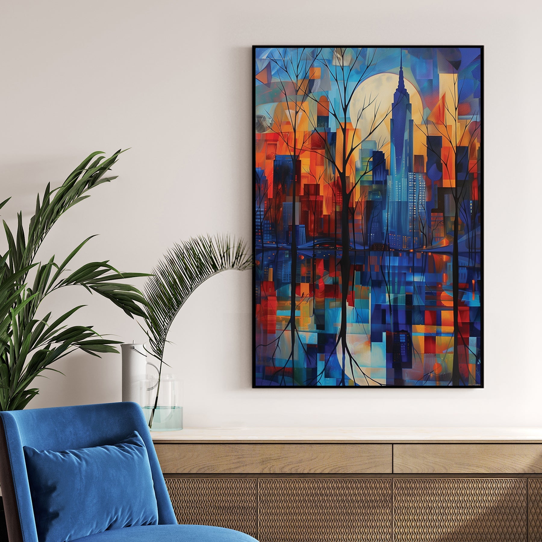 New York City skyline urban wall art with geometric colours and Empire State Building