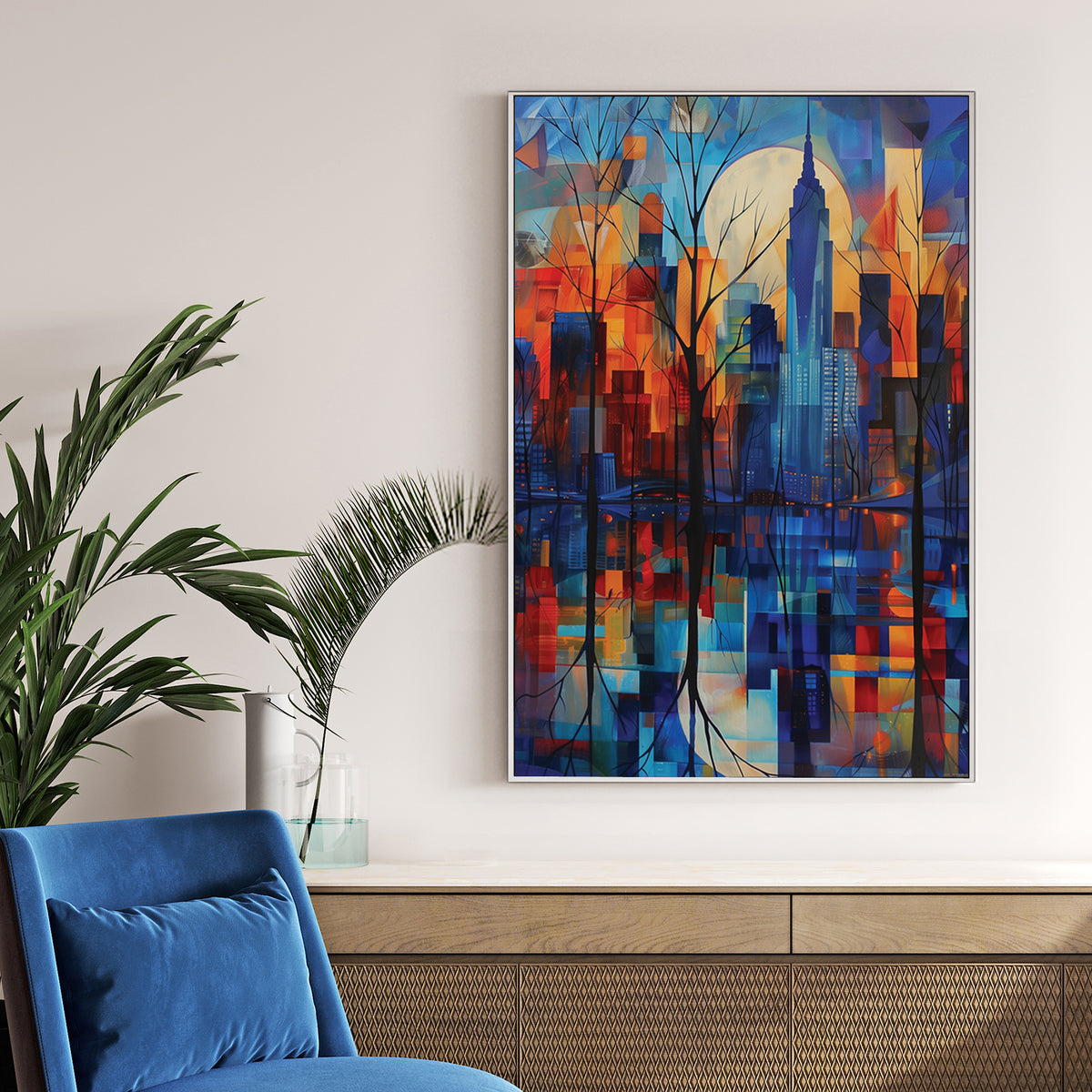 New York City skyline urban wall art with geometric colours and Empire State Building