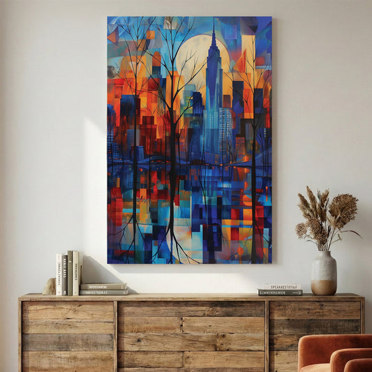 New York City skyline urban wall art with geometric colours and Empire State Building