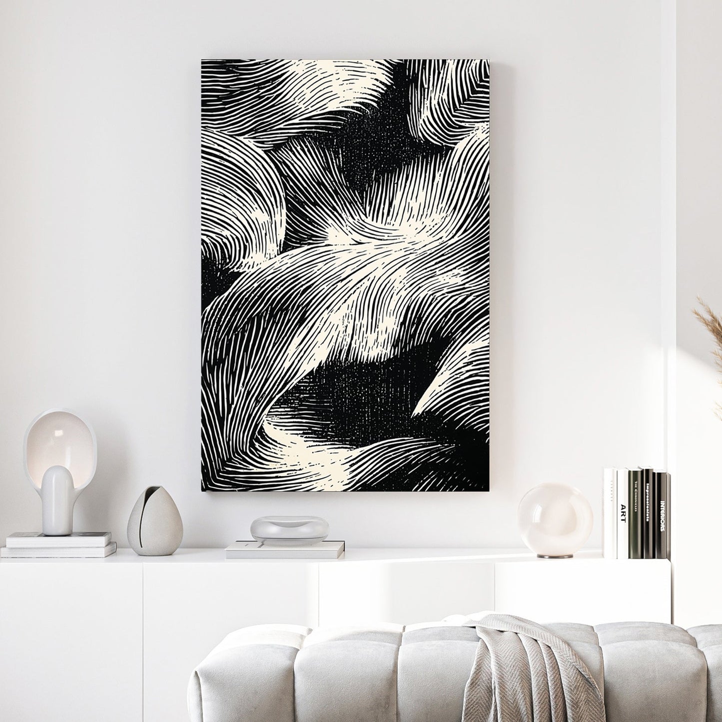 Abstract waves sketch minimalist wall art with flowing line patterns