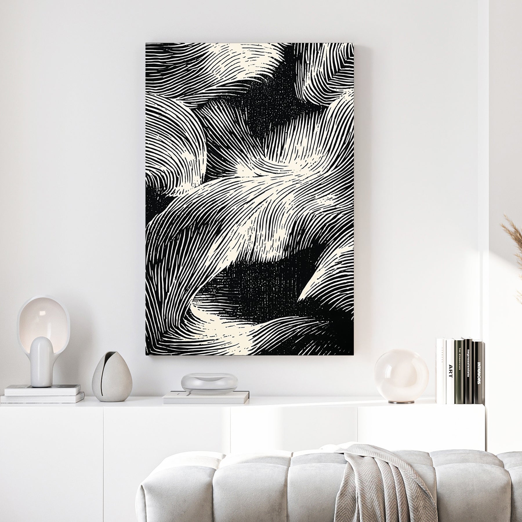 Abstract waves sketch minimalist wall art with flowing line patterns