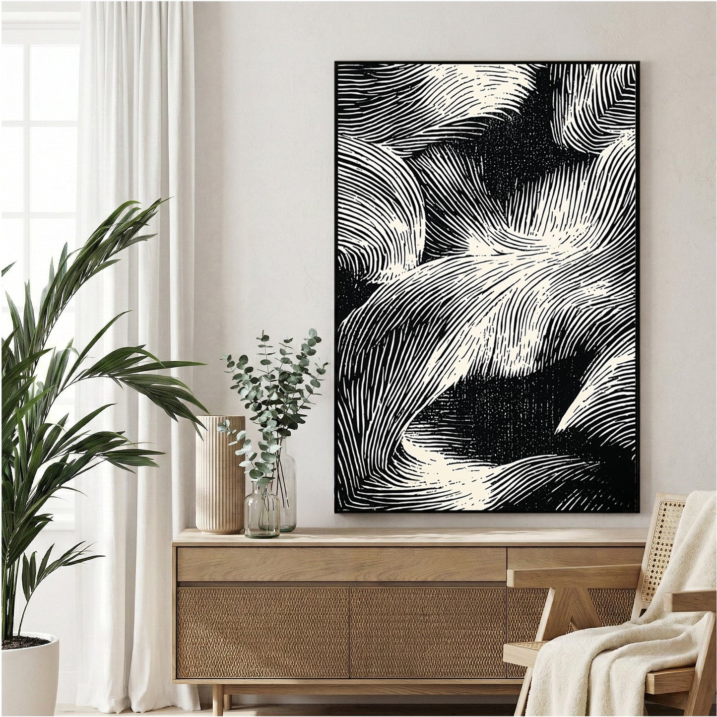 Abstract waves sketch minimalist wall art with flowing line patterns