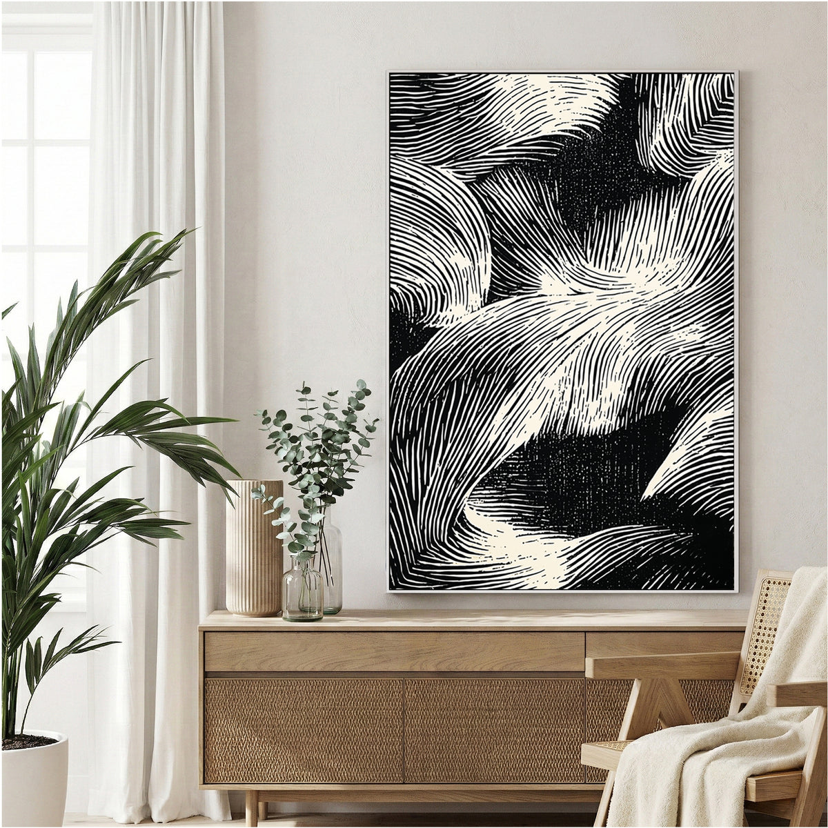 Abstract waves sketch minimalist wall art with flowing line patterns