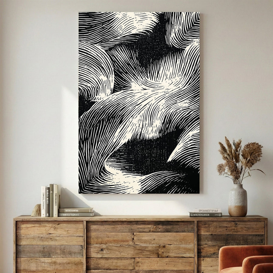 Abstract waves sketch minimalist wall art with flowing line patterns