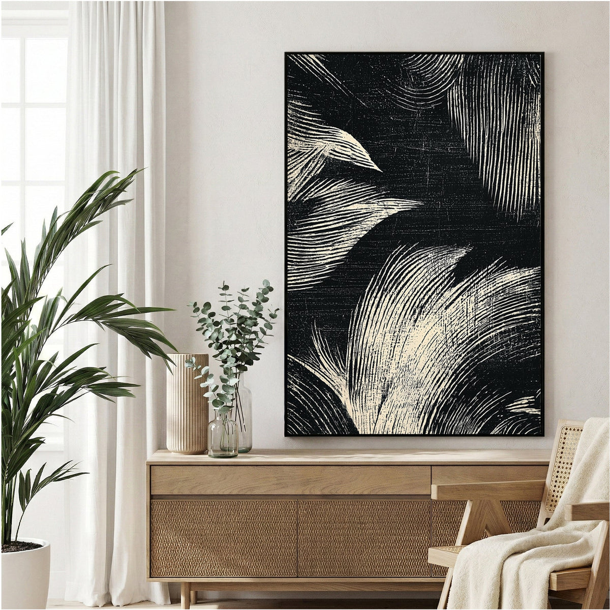 Abstract leaves sketch minimalist wall art with flowing botanical lines