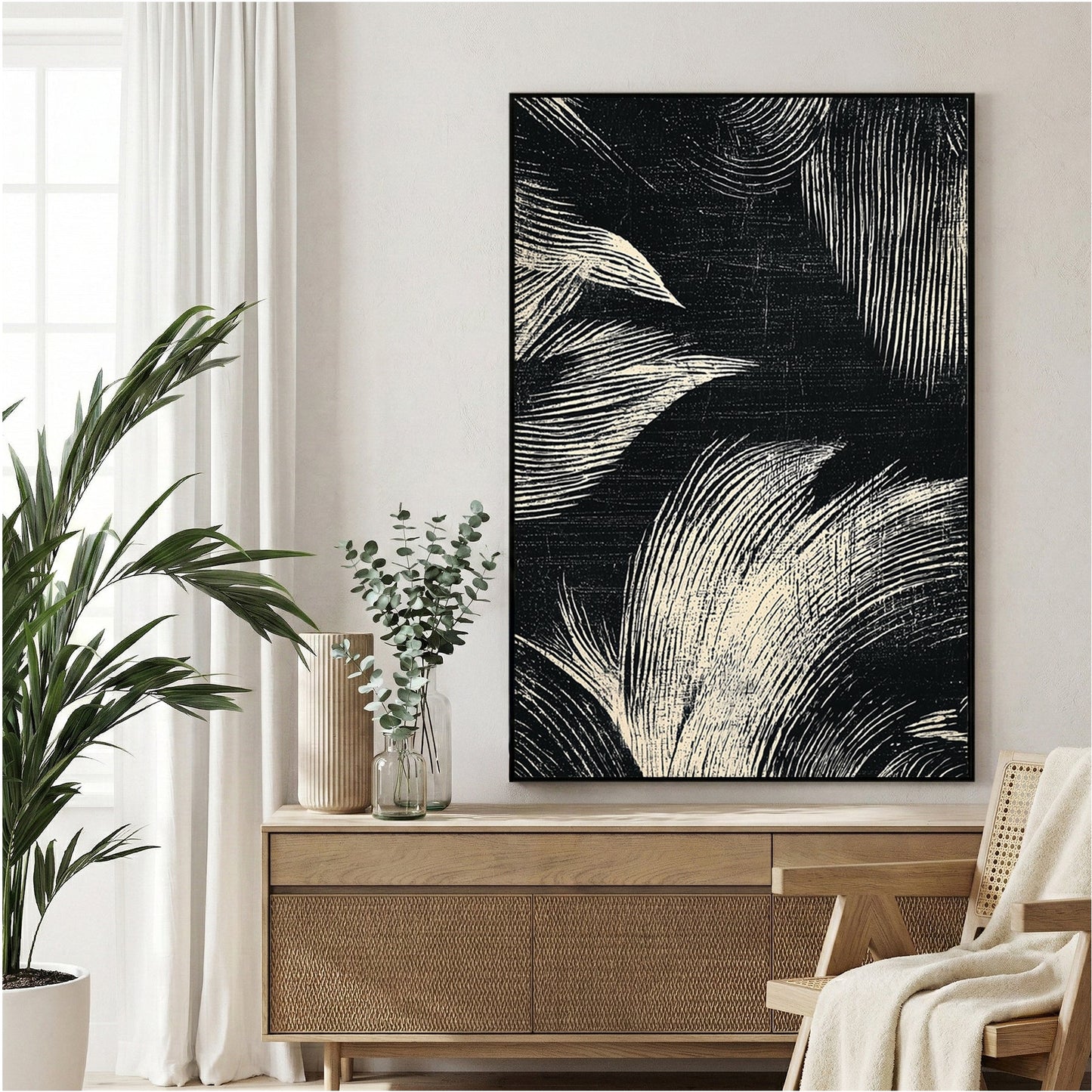 Abstract leaves sketch minimalist wall art with flowing botanical lines