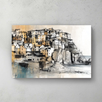 Coastal Italian village architectural wall art with cliffs and stone buildings