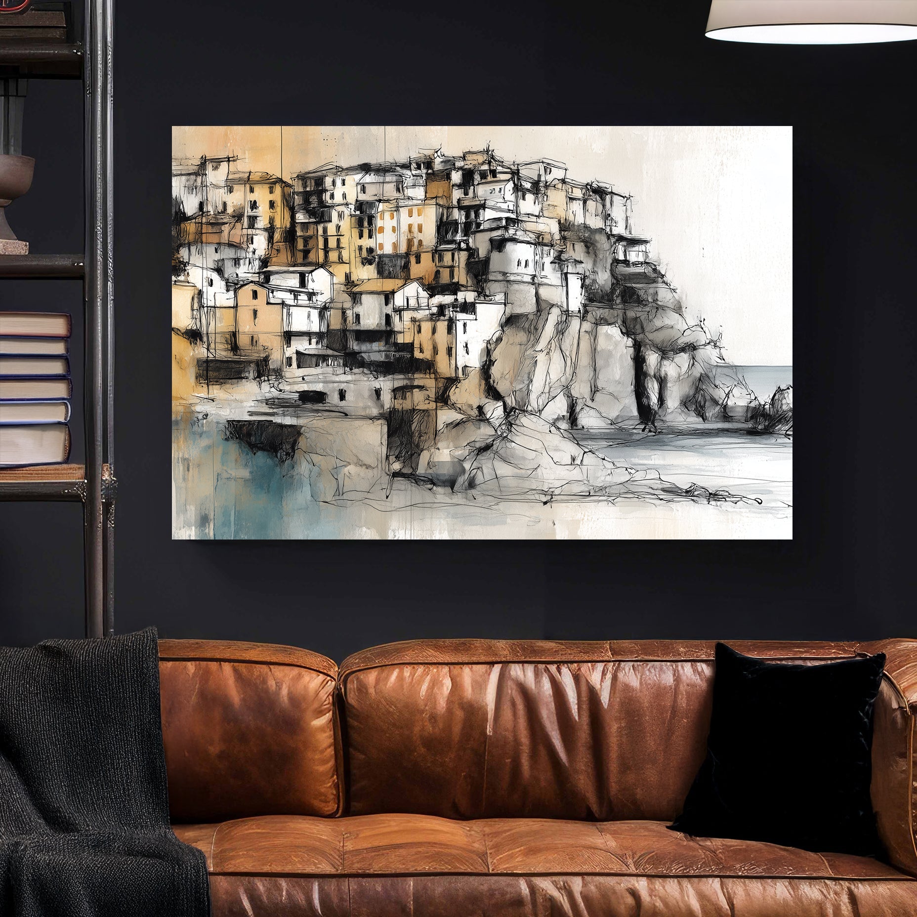 Coastal Italian village architectural wall art with cliffs and stone buildings
