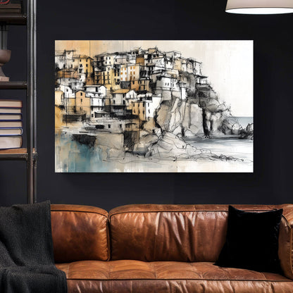 Coastal Italian village architectural wall art with cliffs and stone buildings