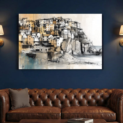 Coastal Italian village architectural wall art with cliffs and stone buildings