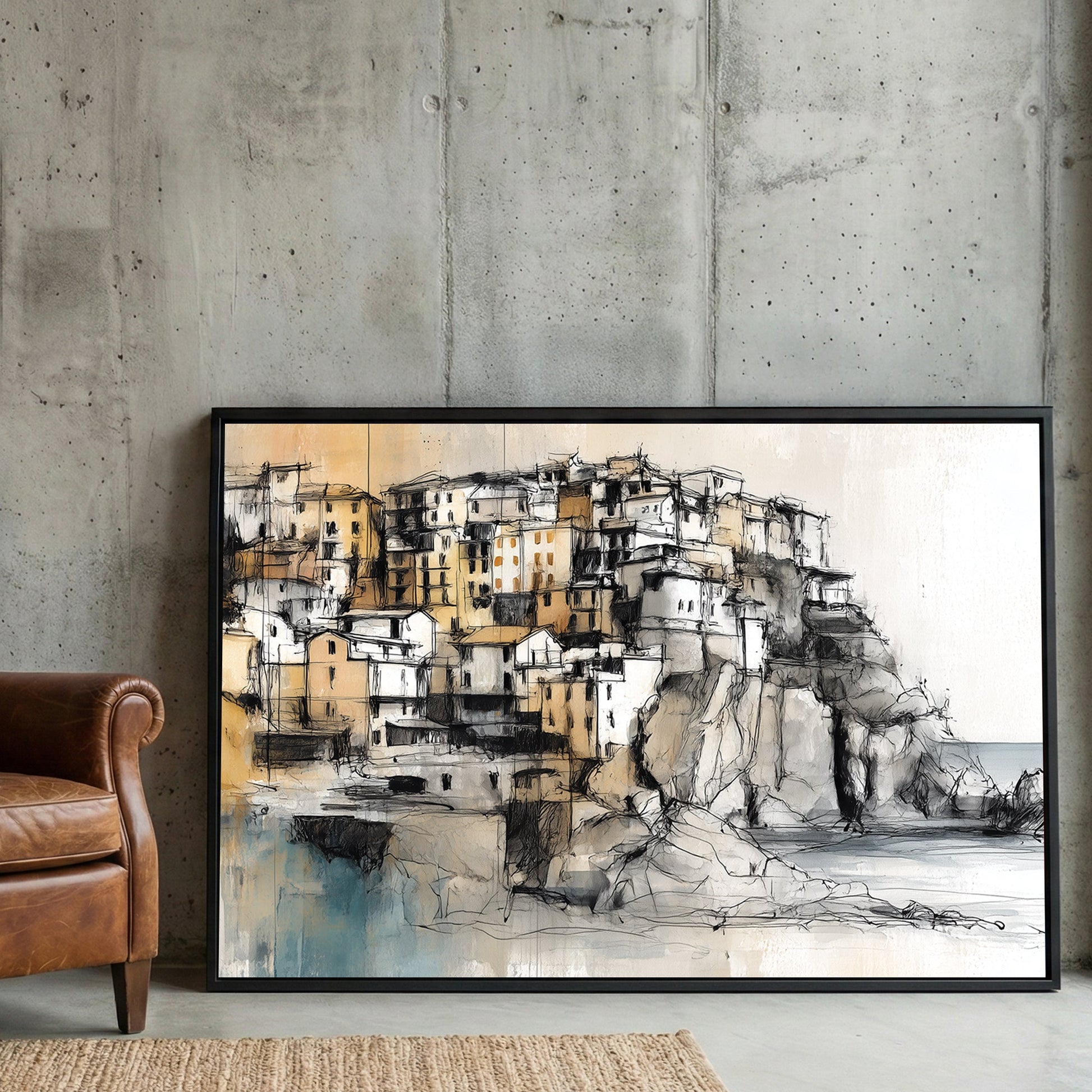 Coastal Italian village architectural wall art with cliffs and stone buildings