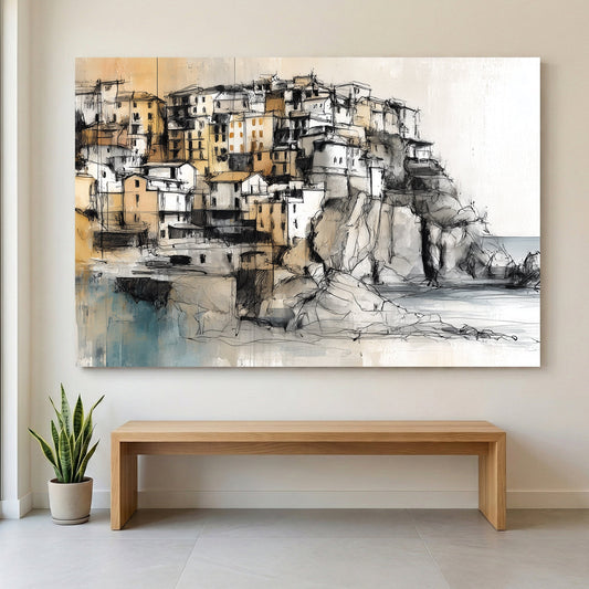 Coastal Italian village architectural wall art with cliffs and stone buildings