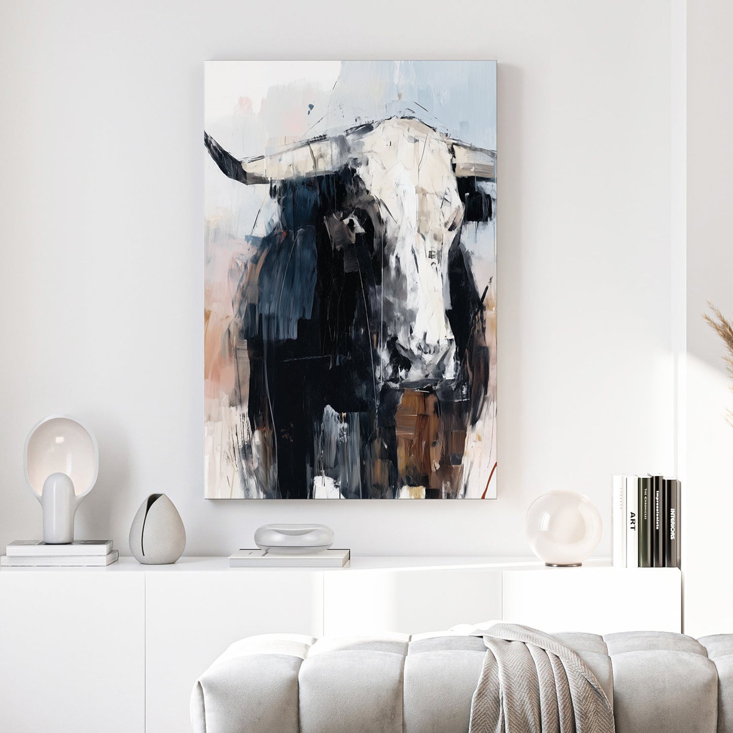 Highland cattle portrait watercolour wall art with soft earthy tones