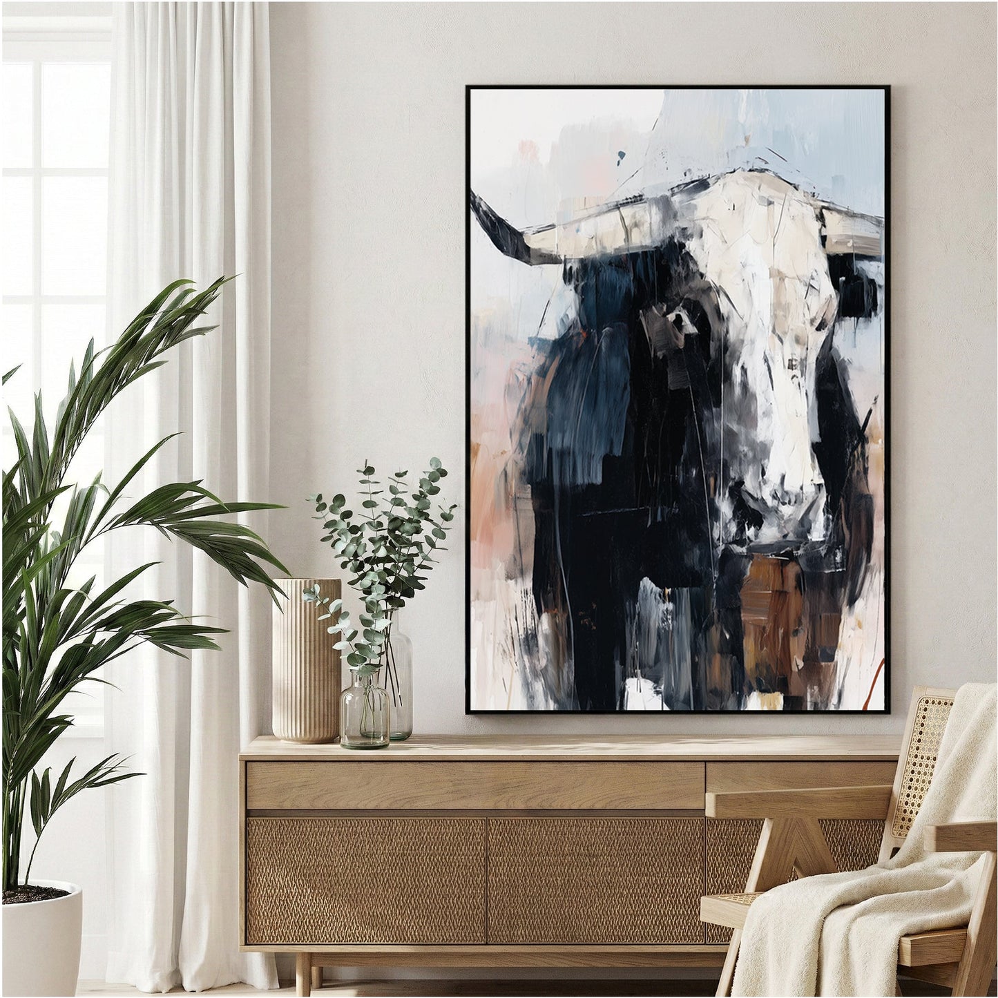 Highland cattle portrait watercolour wall art with soft earthy tones