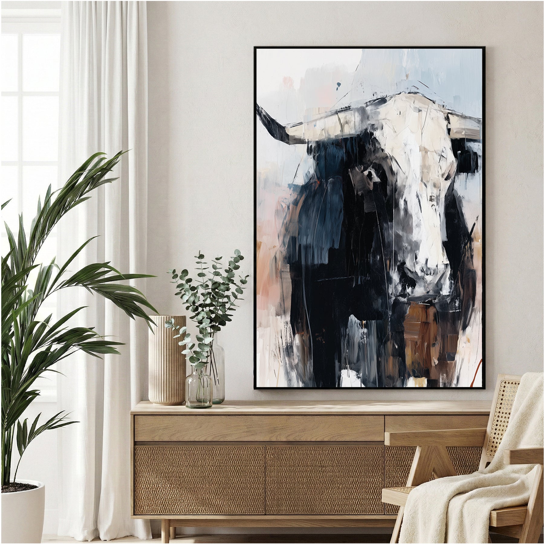 Highland cattle portrait watercolour wall art with soft earthy tones