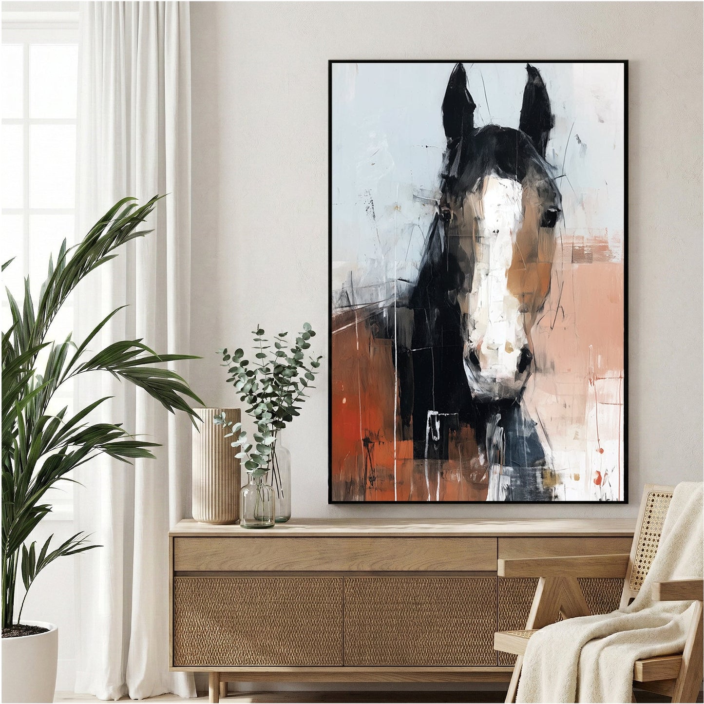 Horse portrait watercolour wall art with soft blended colours