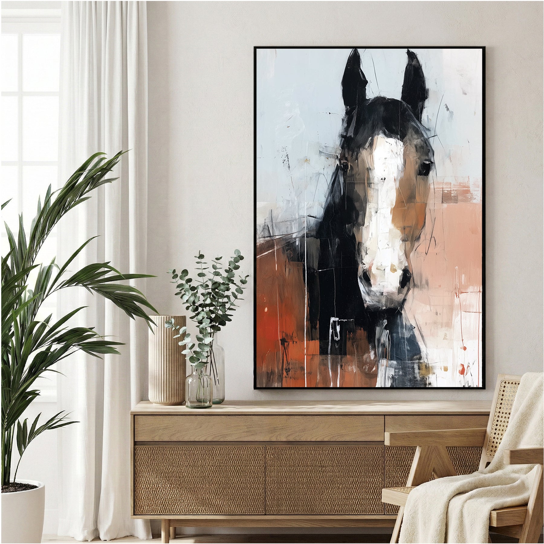 Horse portrait watercolour wall art with soft blended colours