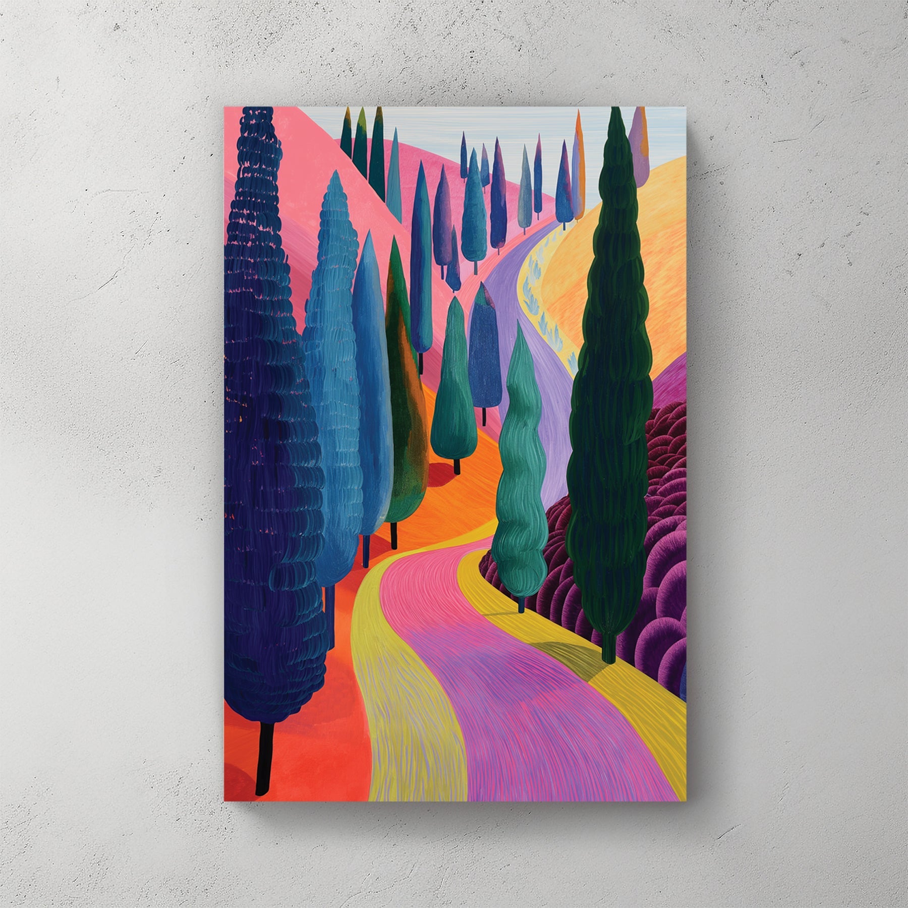 Tuscany cypress road illustration wall art with vibrant colours and landscape
