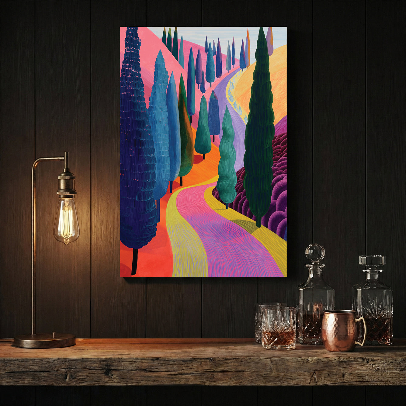 Tuscany cypress road illustration wall art with vibrant colours and landscape