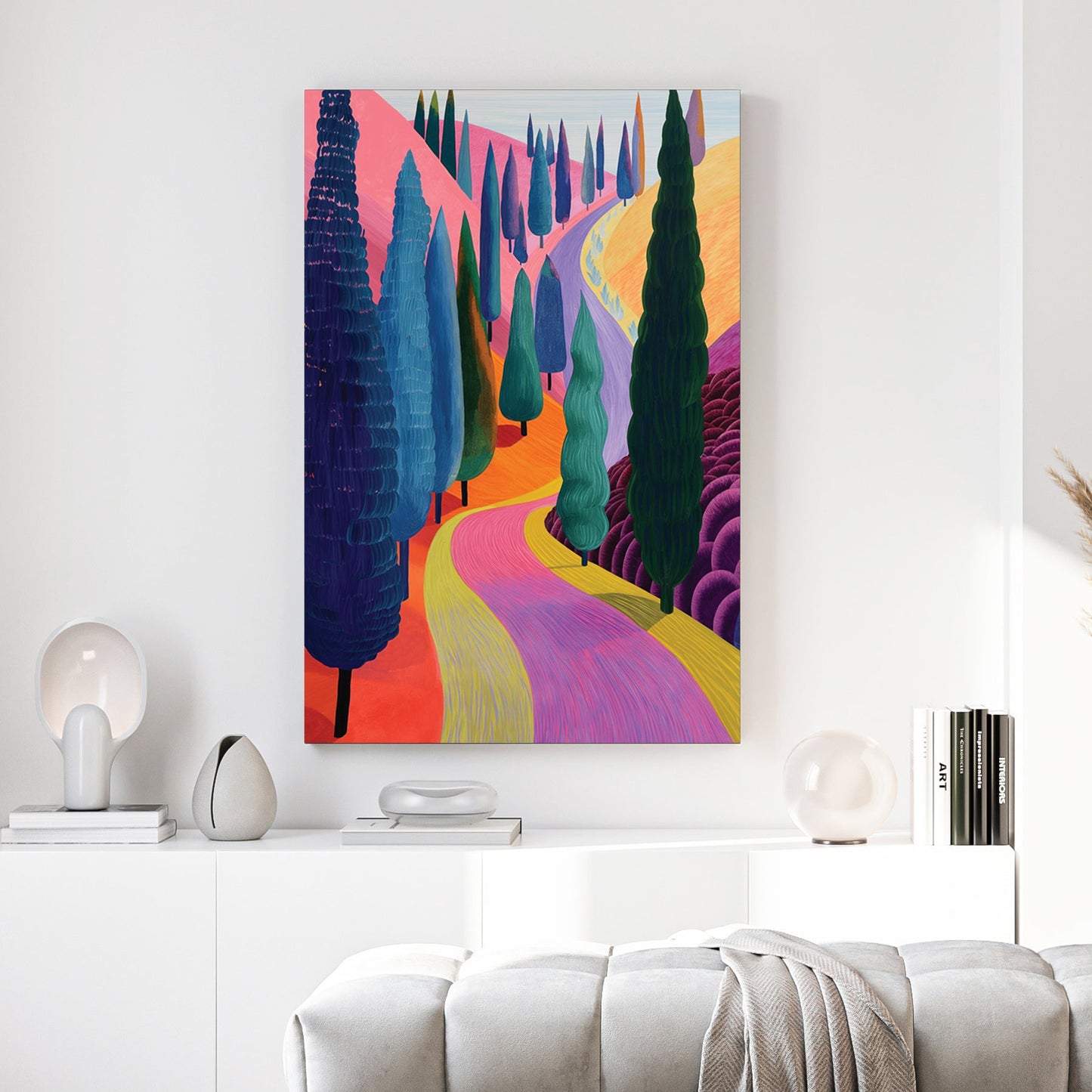 Tuscany cypress road illustration wall art with vibrant colours and landscape