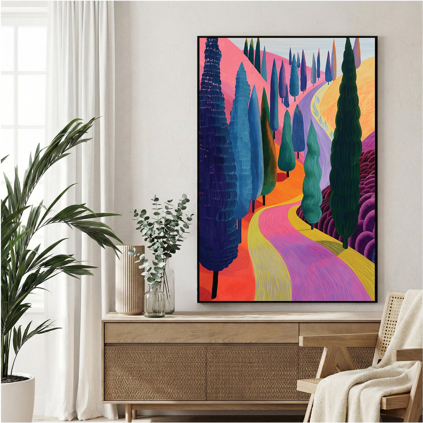 Tuscany cypress road illustration wall art with vibrant colours and landscape
