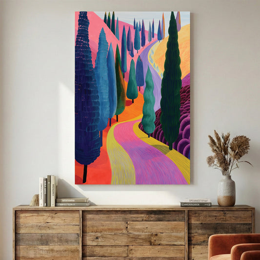 Tuscany cypress road illustration wall art with vibrant colours and landscape