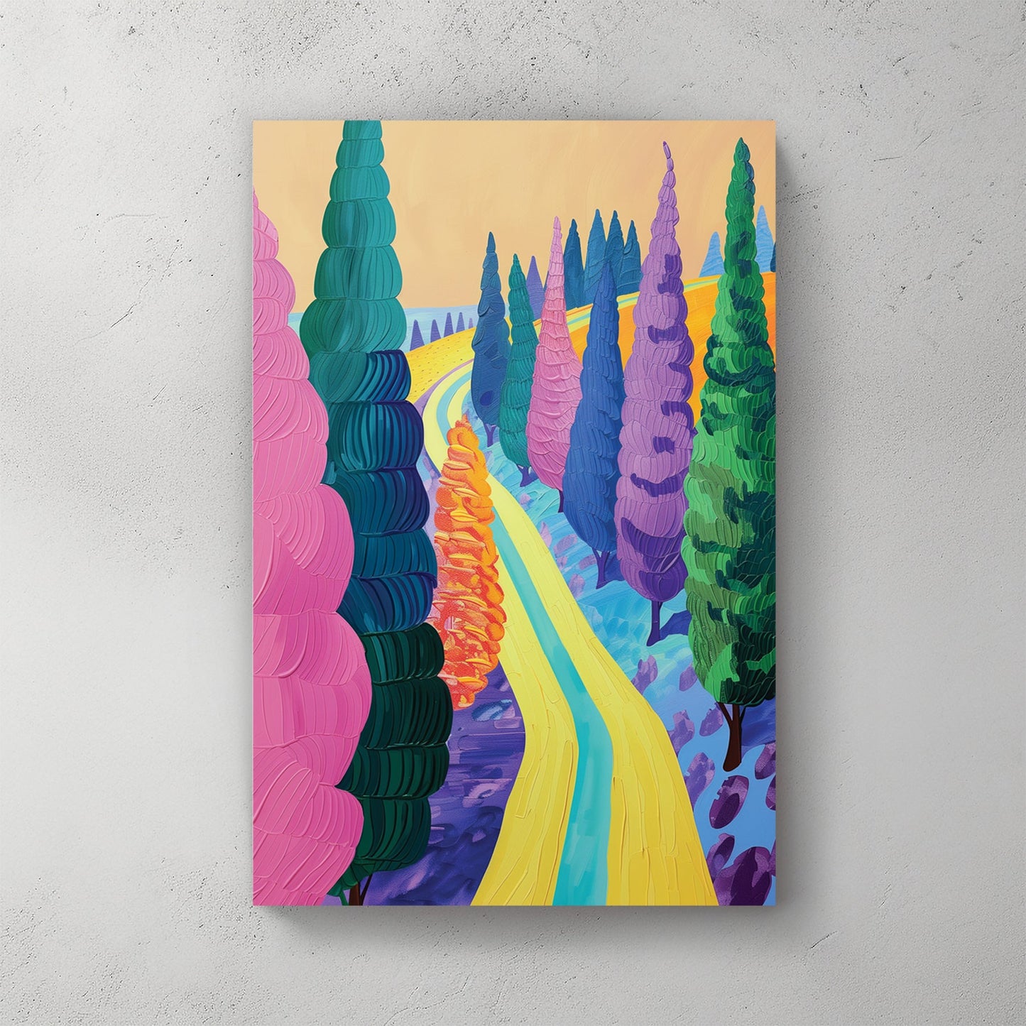 Countryside path illustration wall art with vibrant colours and tree-lined avenue