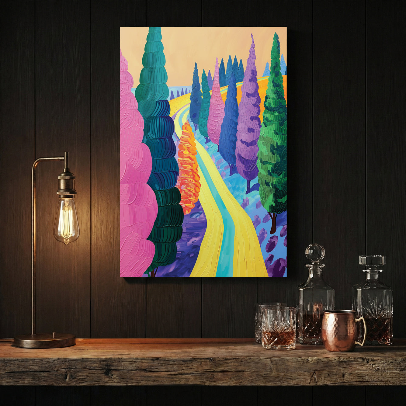 Countryside path illustration wall art with vibrant colours and tree-lined avenue