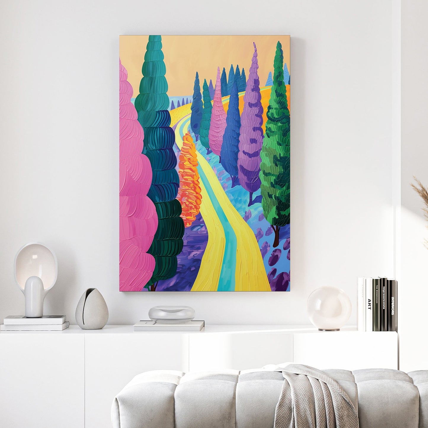 Countryside path illustration wall art with vibrant colours and tree-lined avenue