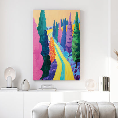 Countryside path illustration wall art with vibrant colours and tree-lined avenue