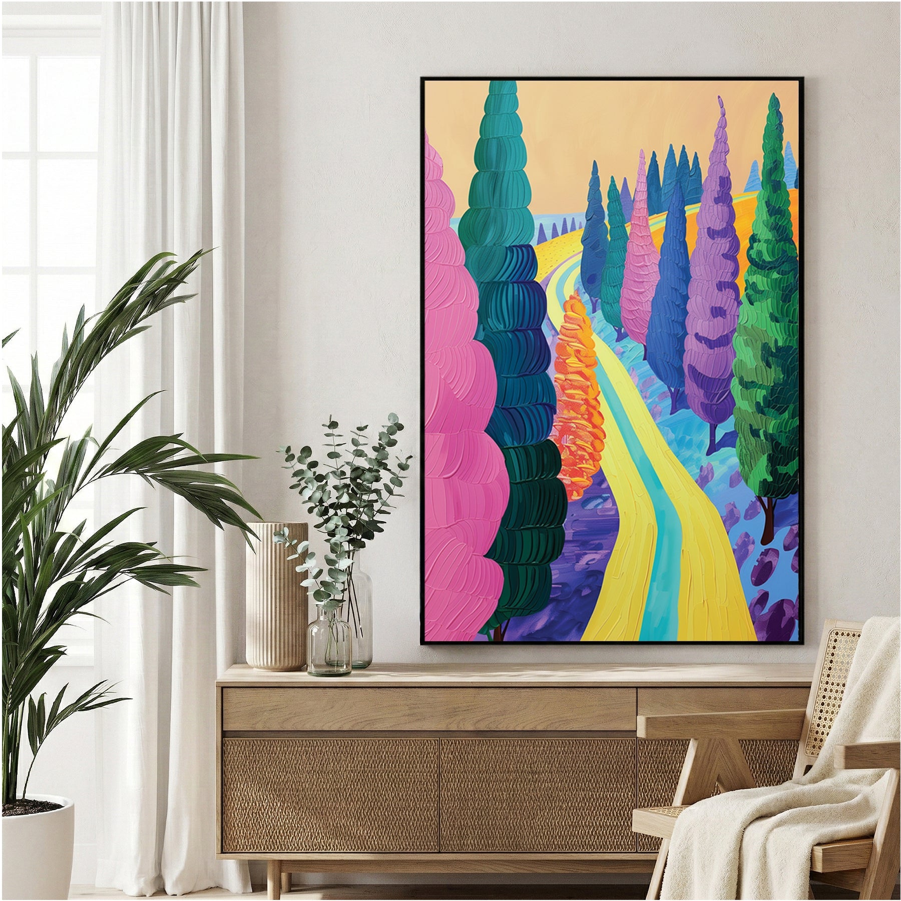 Countryside path illustration wall art with vibrant colours and tree-lined avenue