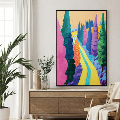 Countryside path illustration wall art with vibrant colours and tree-lined avenue
