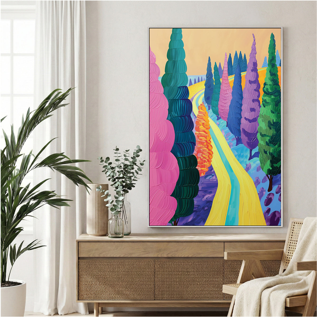 Countryside path illustration wall art with vibrant colours and tree-lined avenue