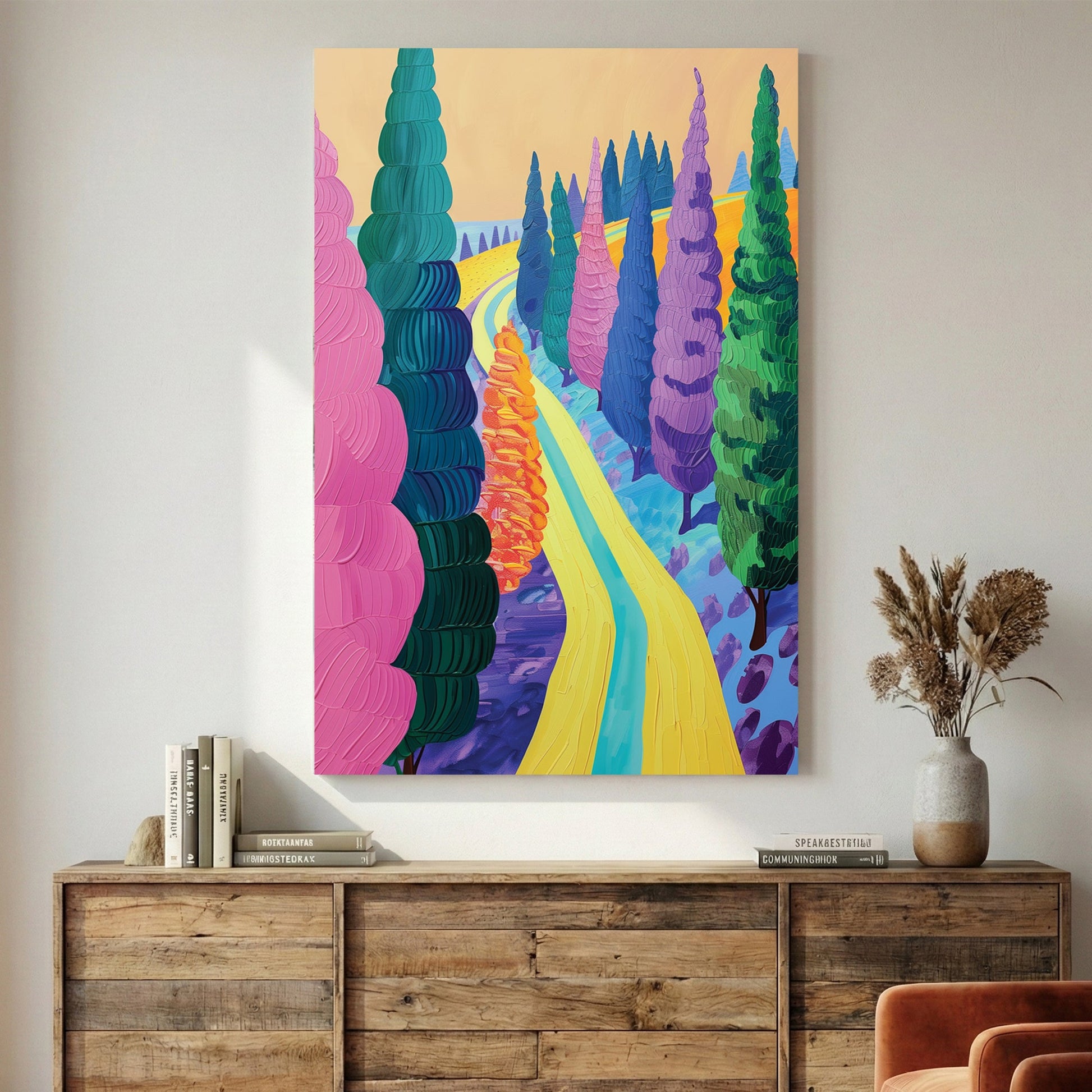Countryside path illustration wall art with vibrant colours and tree-lined avenue