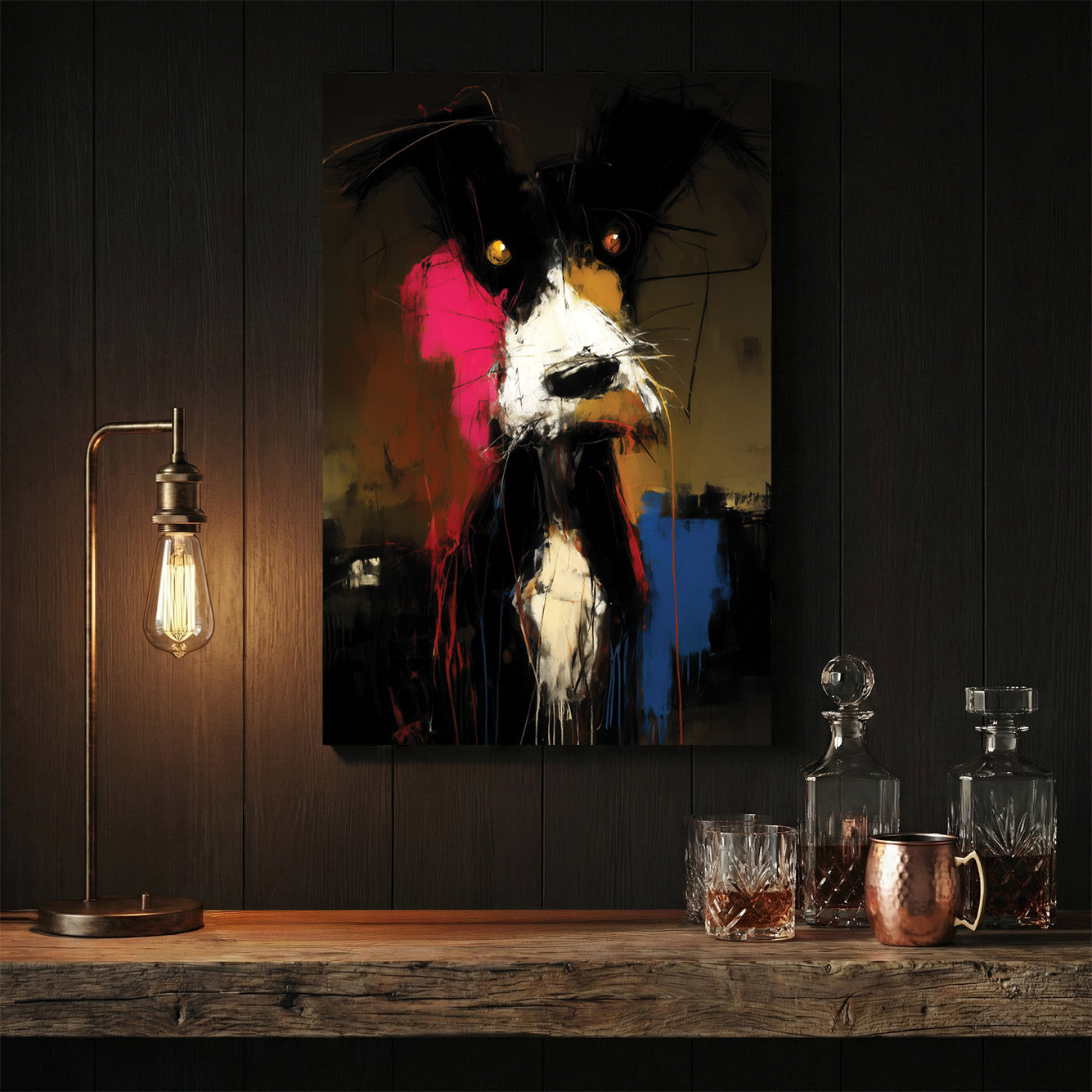 Dog pop art abstract wall art print with pink and gold tones