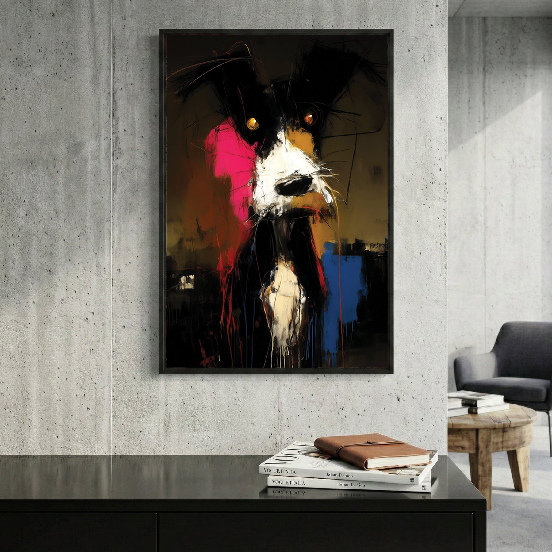Dog pop art abstract wall art print with pink and gold tones