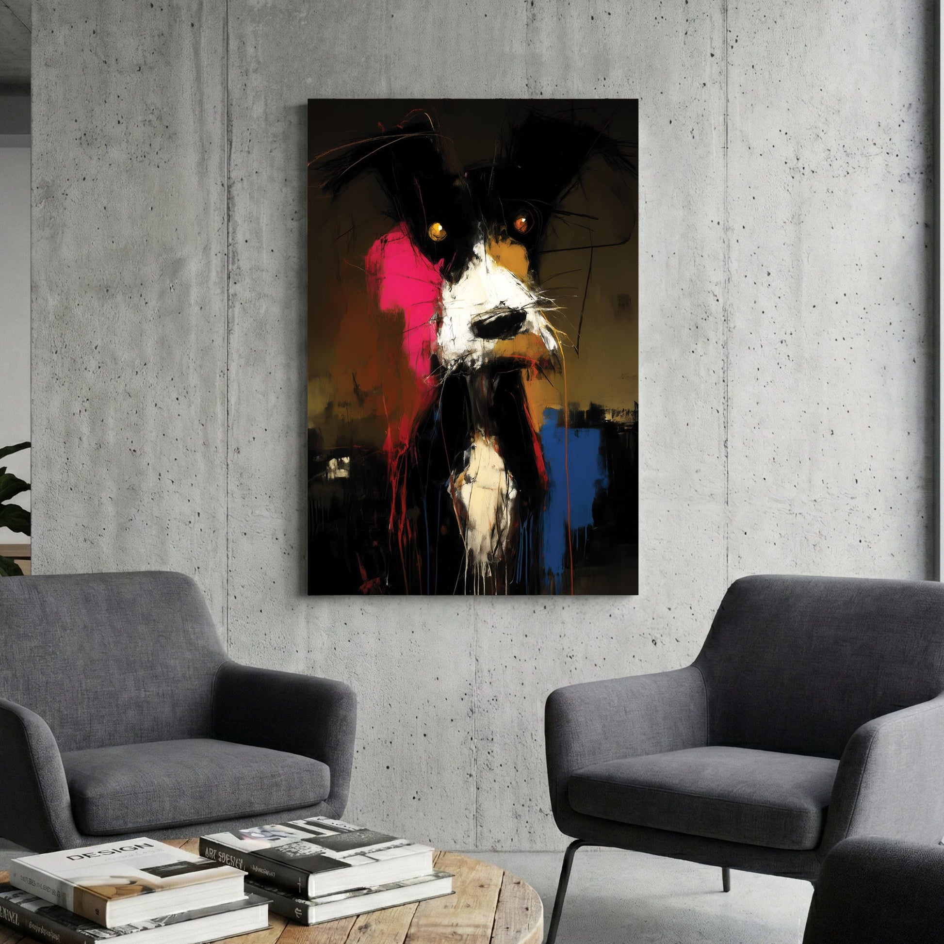 Dog pop art abstract wall art print with pink and gold tones