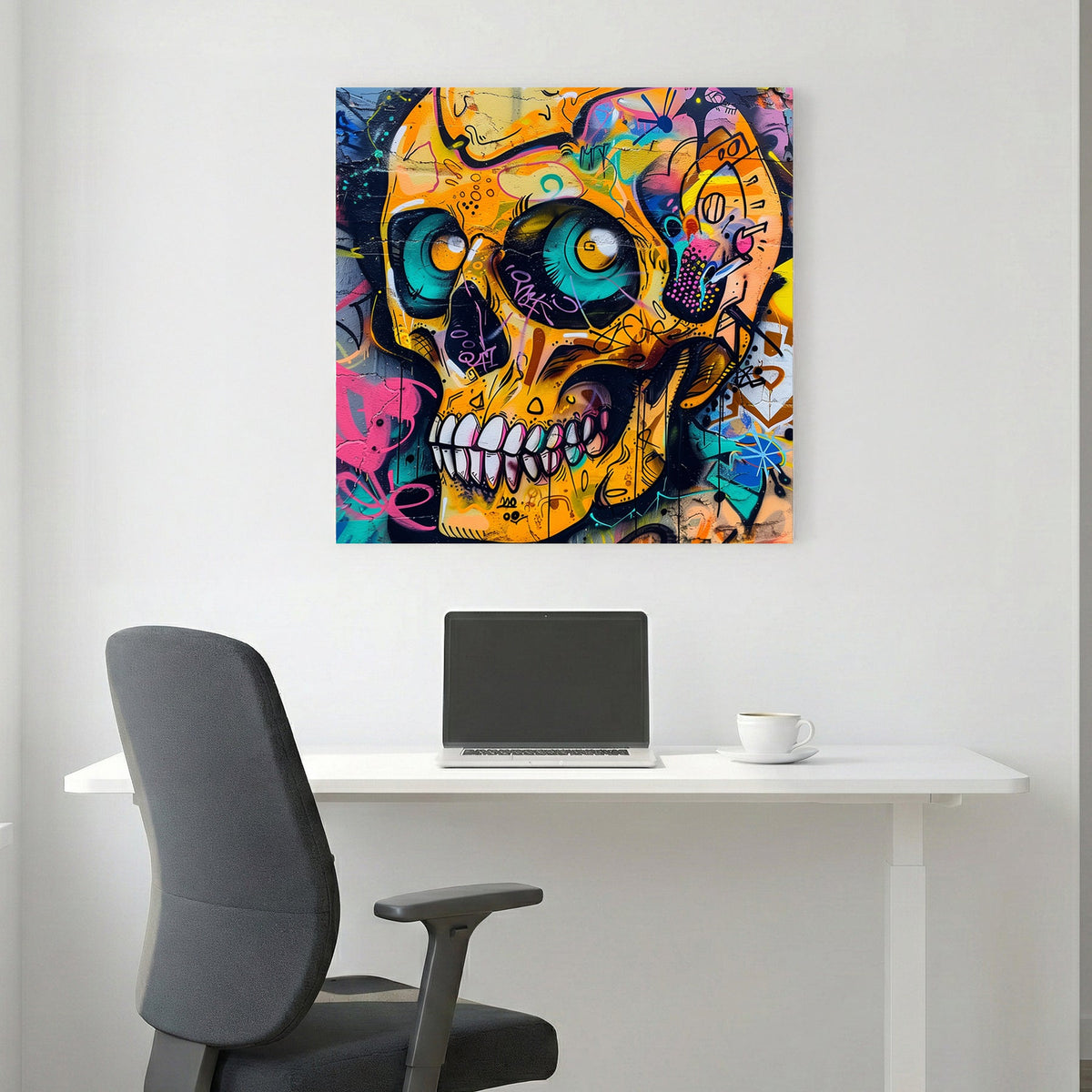 Skull graffiti street art wall art print with bold colours