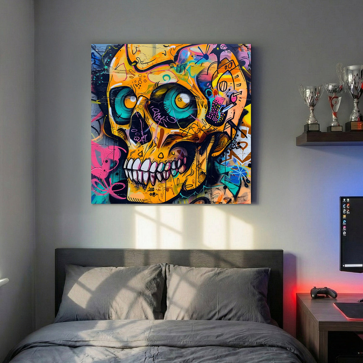 Skull graffiti street art wall art print with bold colours