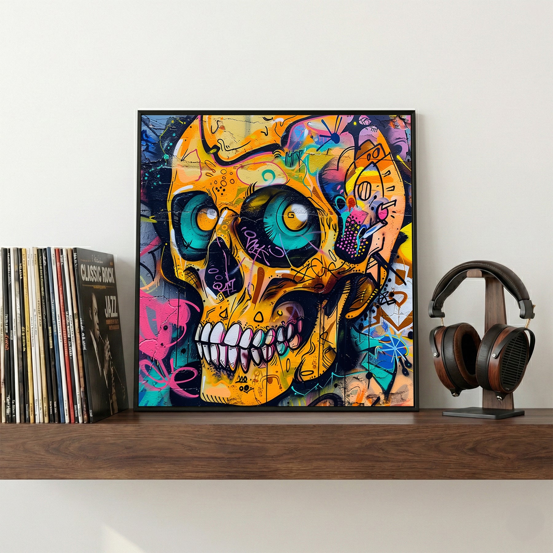 Skull graffiti street art wall art print with bold colours