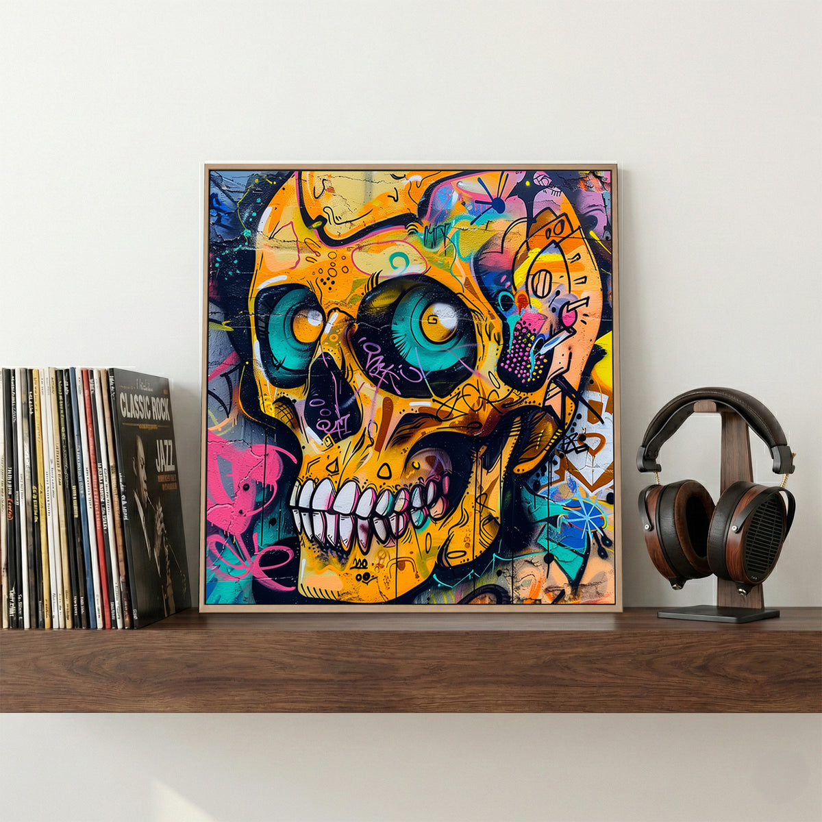 Skull graffiti street art wall art print with bold colours
