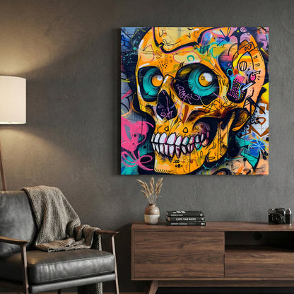 Skull graffiti street art wall art print with bold colours